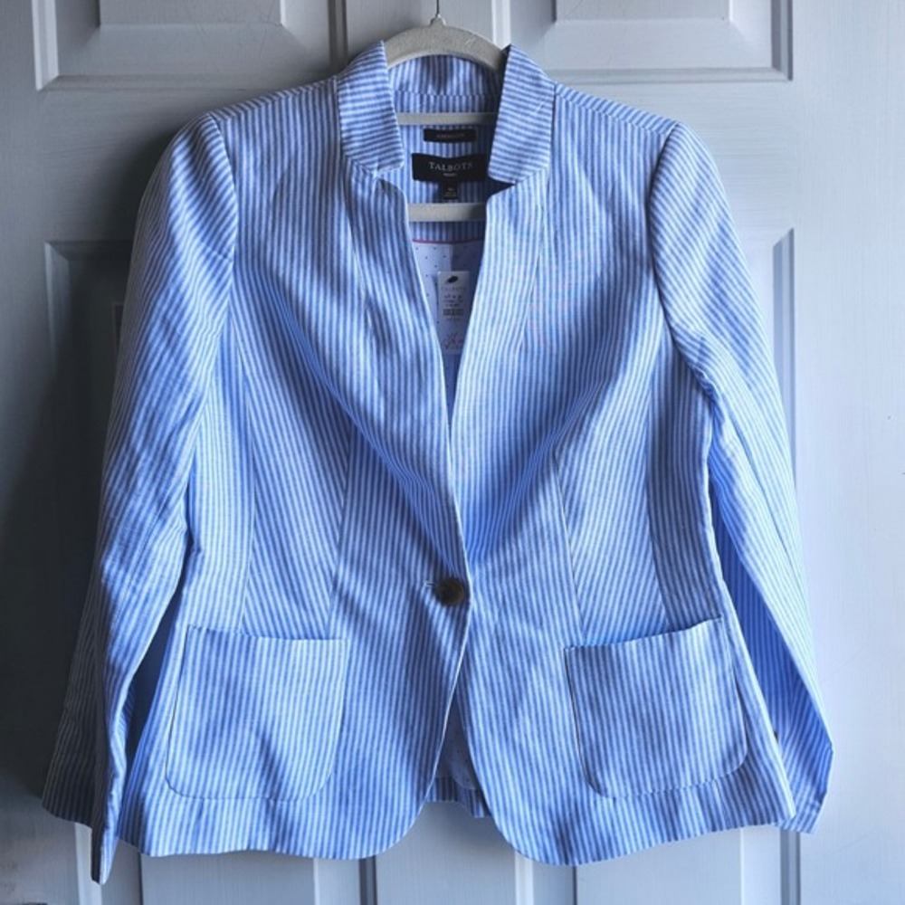 Talbots Aberdeen Blue White Striped‎ Linen Blend Blazer Jacket Petite 4P NWT